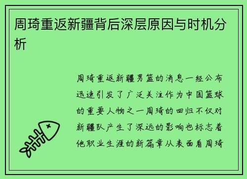 周琦重返新疆背后深层原因与时机分析