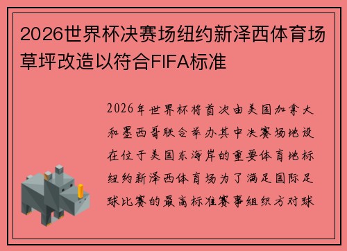 2026世界杯决赛场纽约新泽西体育场草坪改造以符合FIFA标准