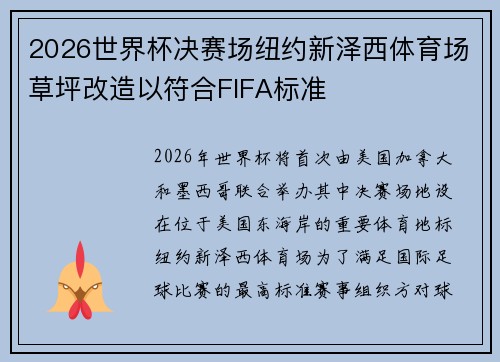 2026世界杯决赛场纽约新泽西体育场草坪改造以符合FIFA标准