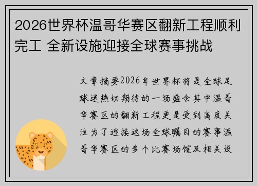 2026世界杯温哥华赛区翻新工程顺利完工 全新设施迎接全球赛事挑战